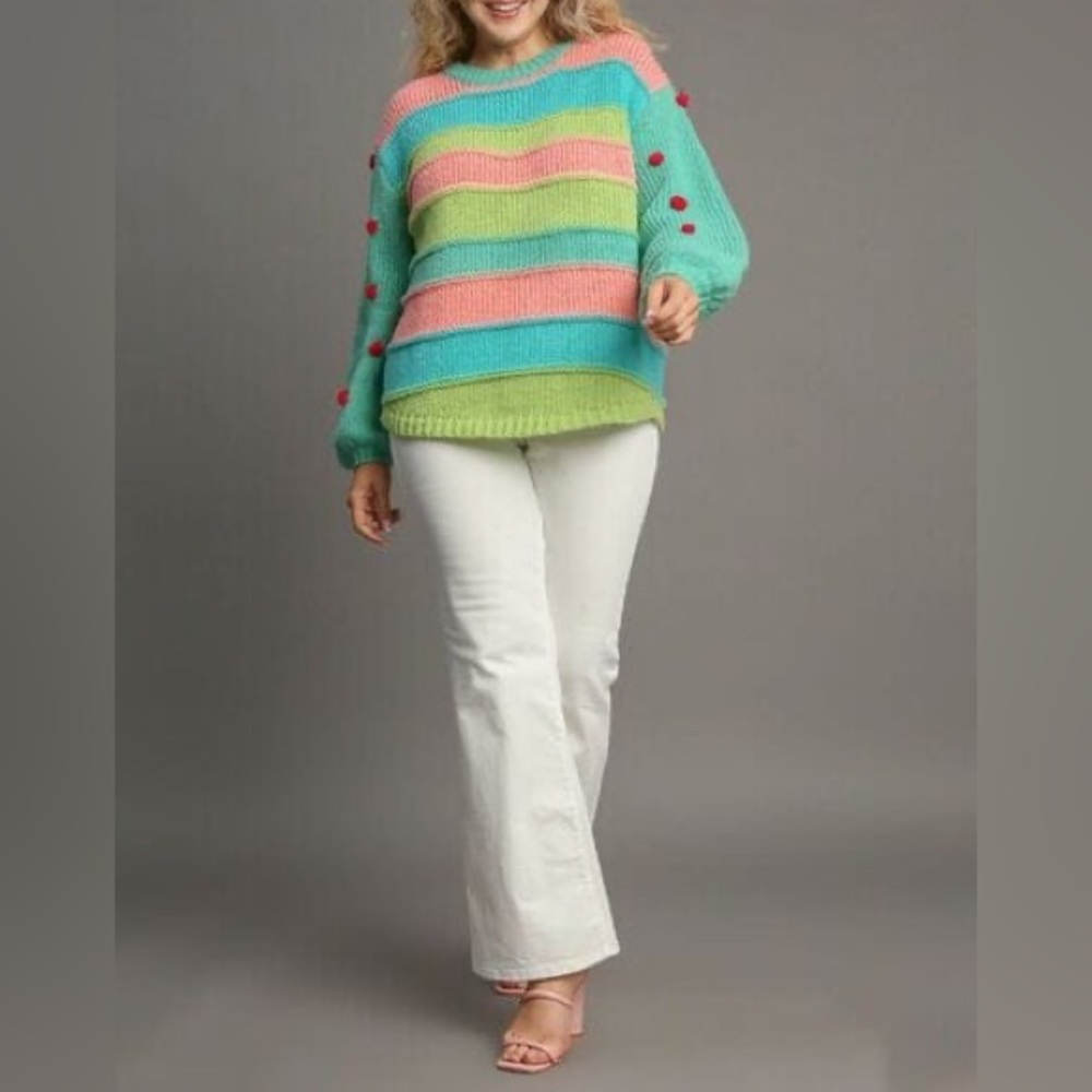 Umgee • Striped Color Block Pom Pom Sweater - Picture 2 of 14